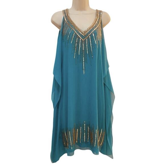 Cache NWT Aqua With Gold Beaded Sequin Chiffon Cocktail Dress Size 10 - Picture 1 of 15